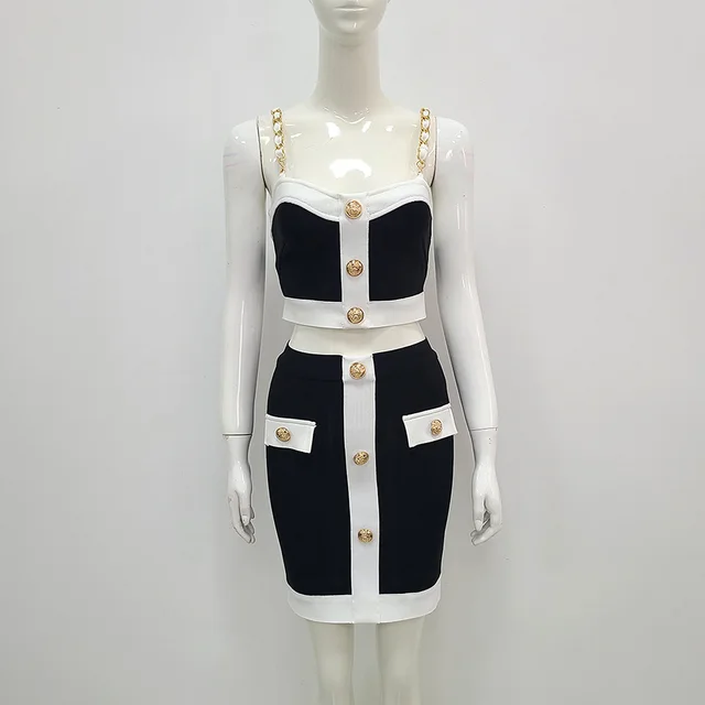 Splicing Sling Button Hip Bandage Two piece Set Black - Shop at LoveMi
