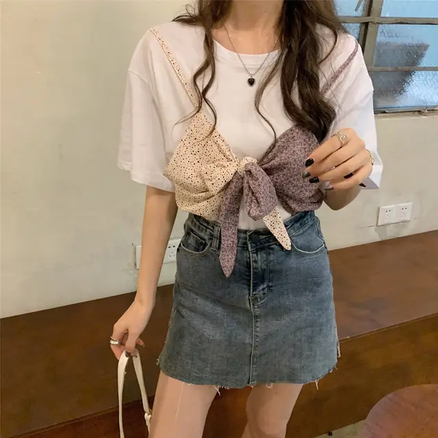 Bow Pure Cotton Loose Short Sleeve T shirt Women's Fake Two piece Top Purple - Shop at LoveMi