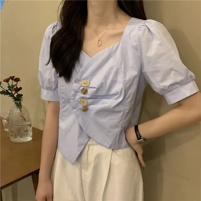 Irregular V neck Short White Shirt Design Sense Niche Summer Wear Puff Short Sleeve Light Blue - Shop at LoveMi