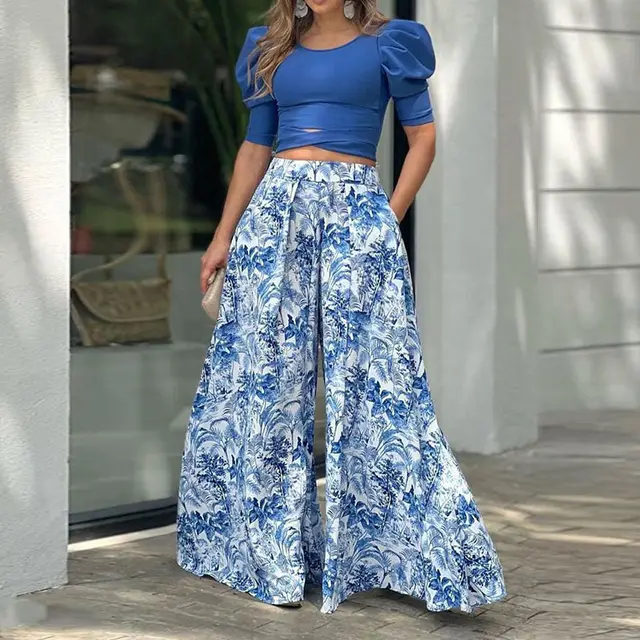 Puff Sleeve Cross Hem Short Top Printed Wide Leg Pants Suit Blue - Shop at LoveMi