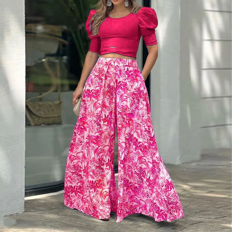 Puff Sleeve Cross Hem Short Top Printed Wide Leg Pants Suit Rose Red - Shop at LoveMi