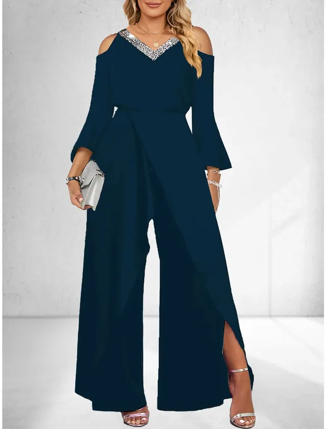 V neck Basic Business Elegant Wide leg Pants Navy Blue - Shop at LoveMi