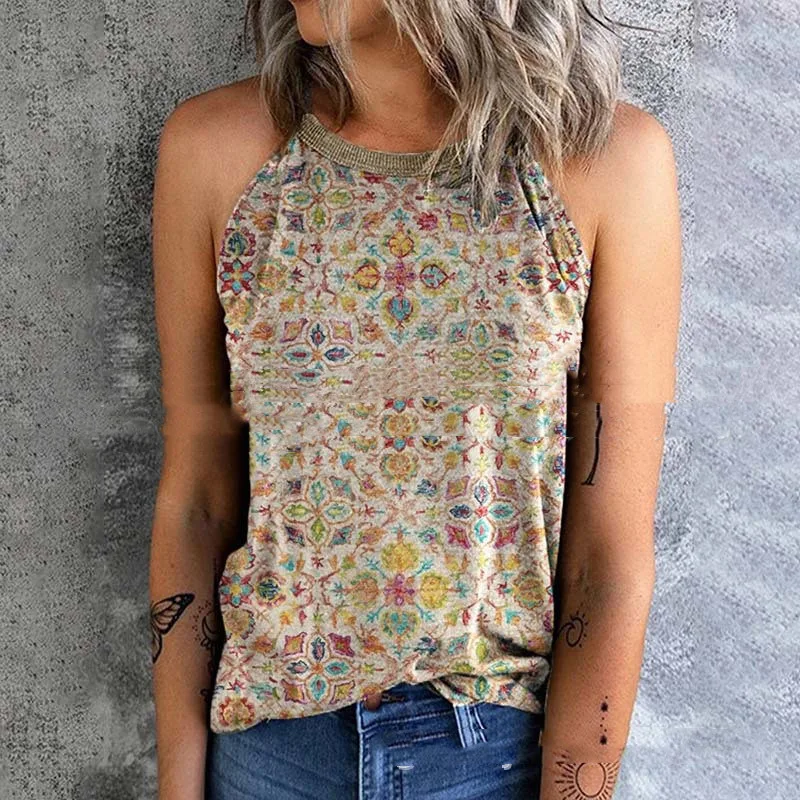 Spaghetti strap Floral Print Women's Vest T shirt Khaki - Shop at LoveMi