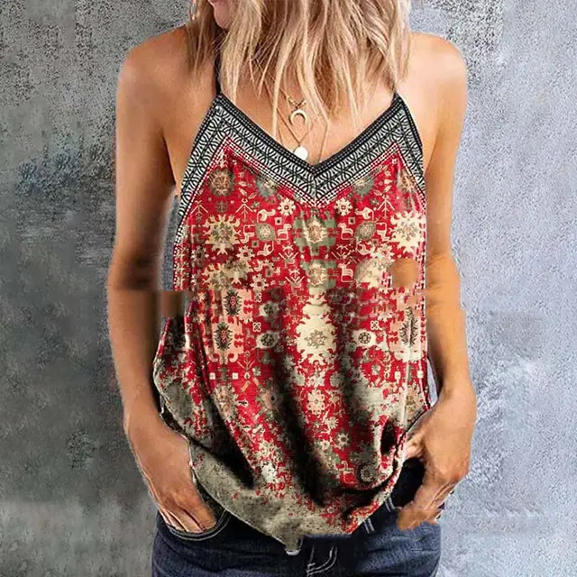 Spaghetti strap Floral Print Women's Vest T shirt Red - Shop at LoveMi