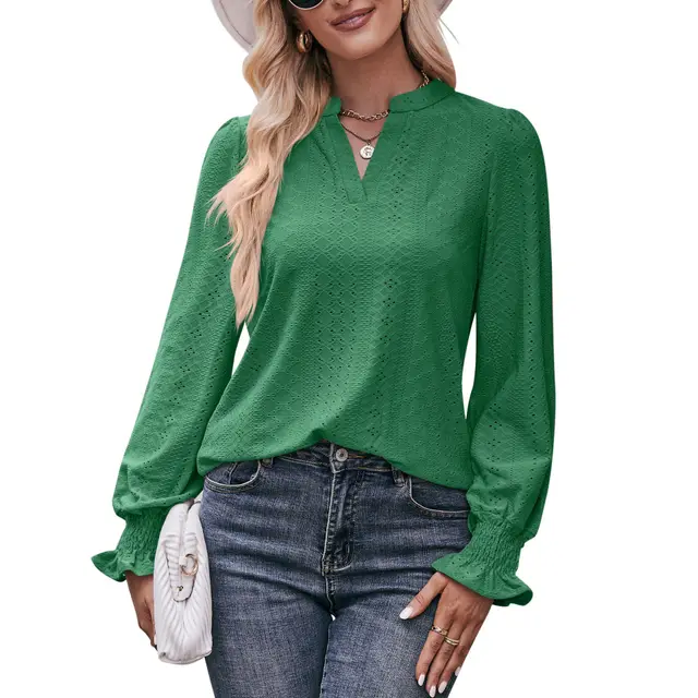 European And American Solid Color T shirt Hole V neck Grass Green - Shop at LoveMi