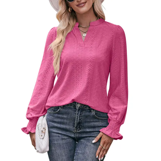 European And American Solid Color T shirt Hole V neck Rose Red - Shop at LoveMi