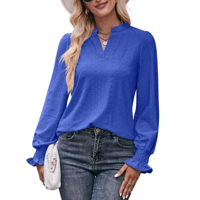 European And American Solid Color T shirt Hole V neck Sapphire Blue - Shop at LoveMi