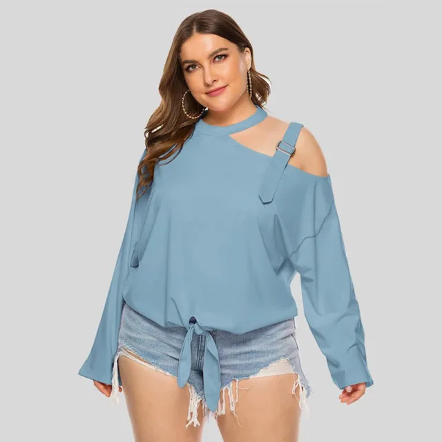 Summer Shoulder Strap Decorative Solid Color Top Bow Long Sleeve Shoulder T shirt Blue - Shop at LoveMi