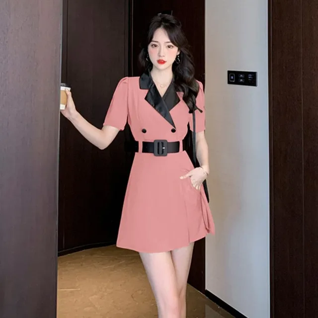 Suit Collar Slimming Dress Shorts Two piece Set Pink Suit - Shop at LoveMi