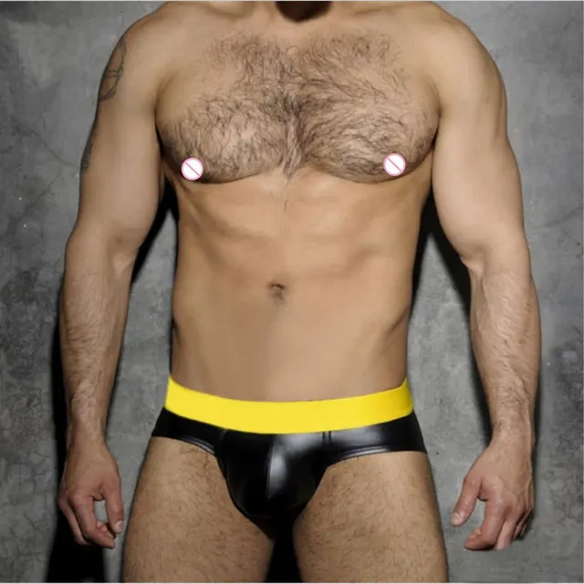 Men's Elastic Imitation Leather Patent Leather Briefs Yellow Waist Black - Shop at LoveMi
