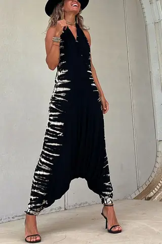 Jumpsuit Knitted Printed Sexy Low Cut - Black
