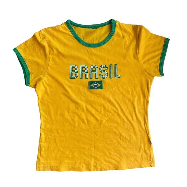 Short Sleeve Crew Neck Casual Letter T Shirt Yellow 1 - Shop at LoveMi