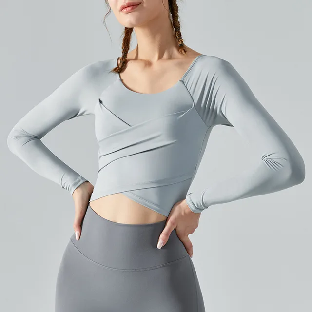 Yoga Clothes Long Sleeve Cross Pleated Workout Clothes Women's Tops Fog Gray - Shop at LoveMi
