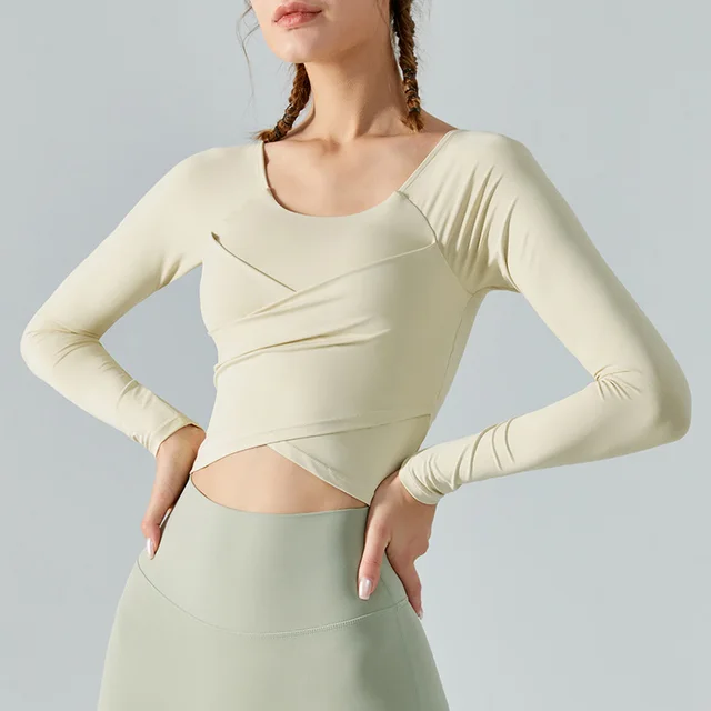 Yoga Clothes Long Sleeve Cross Pleated Workout Clothes Women's Tops Milk Coffee White - Shop at LoveMi