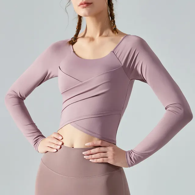 Yoga Clothes Long Sleeve Cross Pleated Workout Clothes Women's Tops Soft Light Purple - Shop at LoveMi