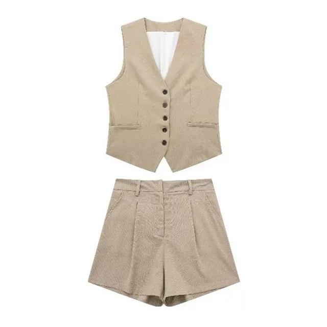 V neck Single Breasted Vest High Waist Wide Leg Shorts Suit Khaki Suit - Shop at LoveMi
