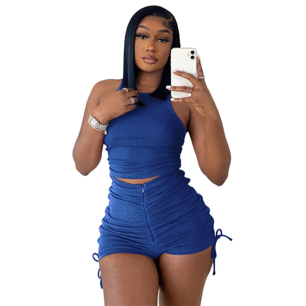 Vest Shorts Pleating Casual Two-piece Suit - Blue
