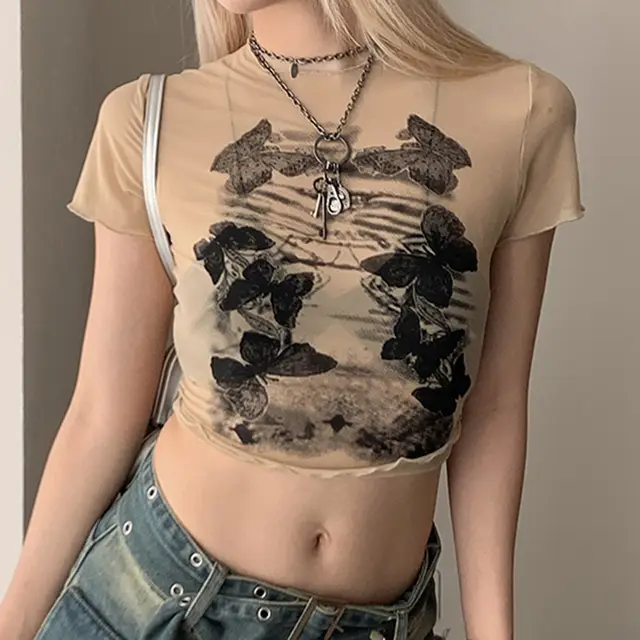 Hot Girl Wind Dark Butterfly Print Light Mesh T shirt Round Neck Positive Shoulder Thin Wooden Ear Edge Short Paragraph Tops Skin Color - Shop at LoveMi