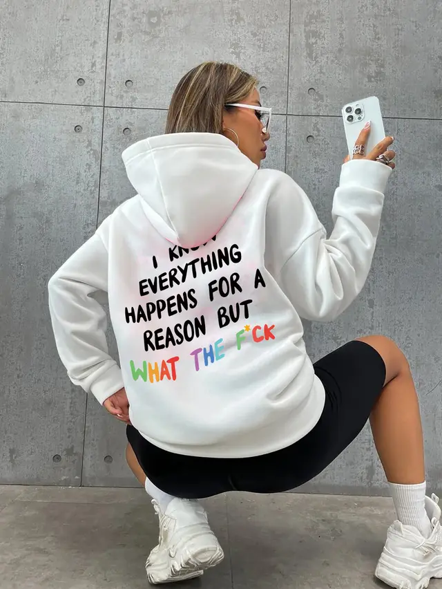 Women Drawstring Letter Printed Hoodie White - Shop at LoveMi