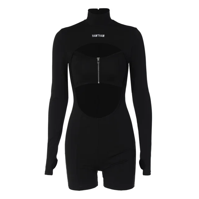 Sexy Cutout Chest Zipper Round Neck Long Sleeve Jumpsuit Black - Shop at LoveMi