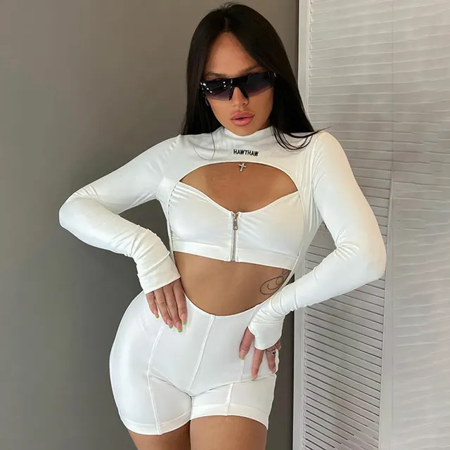 Sexy Cutout Chest Zipper Round Neck Long Sleeve Jumpsuit White - Shop at LoveMi