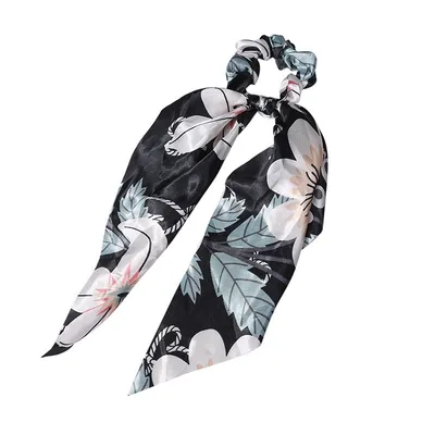Fashion Long Streamer Printed Fabric Tie Hair Accessory For Ponytail Tie up Hair Top Cuft A6 Black - Shop at LoveMi