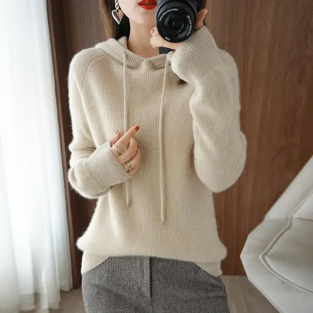 Knitted Inner Match Fleece Shirt Hooded Raglan Base Pure Wool Sweater Apricot Camel - Shop at LoveMi