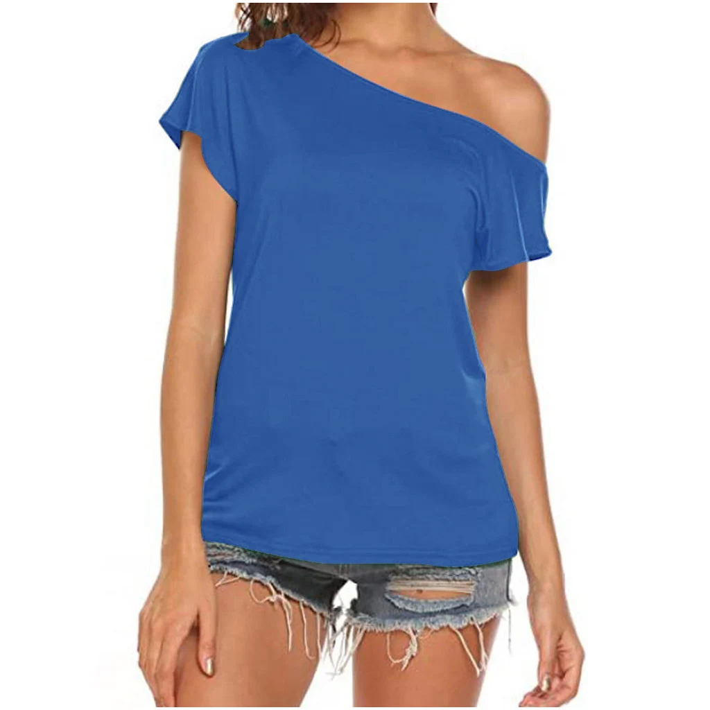 One-shoulder Cold-shoulder Irregular Short-sleeved T-shirt For Women - Light Blue