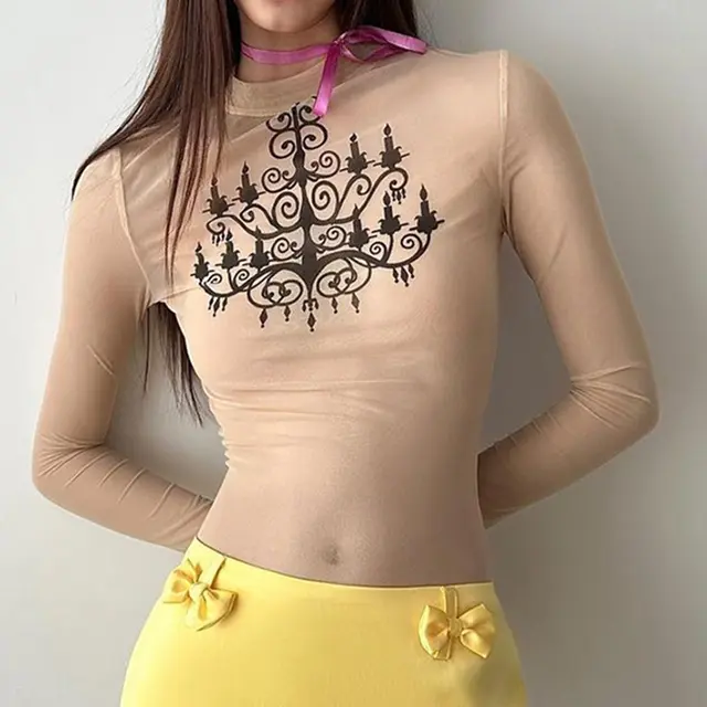 Street Niche Personality Candle Print Mesh T shirt Summer Slim See through Round Neck Outer Long sleeved Tops Skin Color - Shop at LoveMi