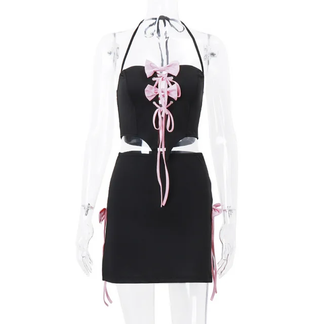 Summer Sexy Pure Desire Bow Bandage Halterneck Vest Stitching Skirt Suit Black - Shop at LoveMi
