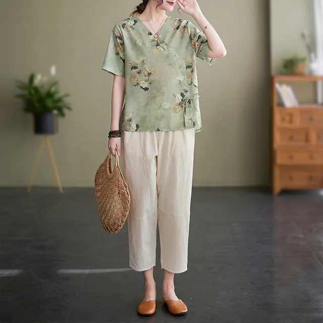 Women's Fashion Artistic Cotton And Linen Printing Suit Green Top - Shop at LoveMi