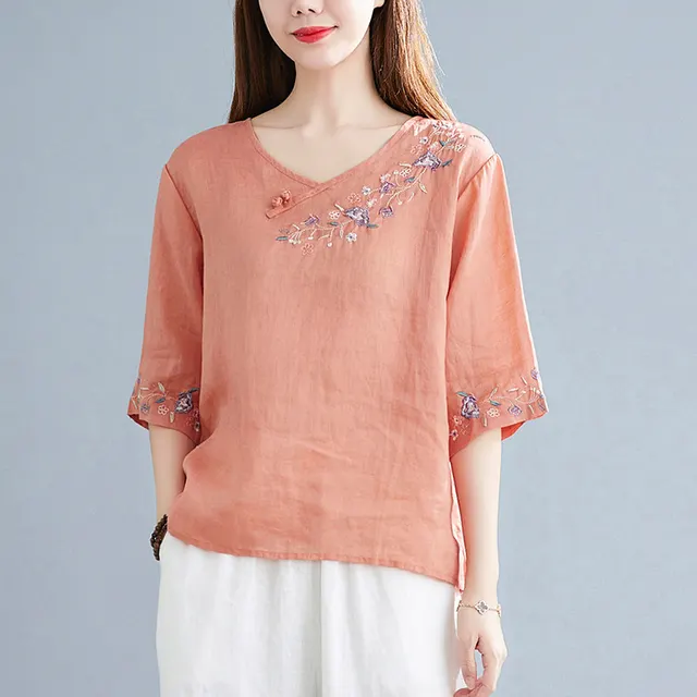 Women's Fashion Retro Button Embroidery V neck T shirt Orange - Shop at LoveMi