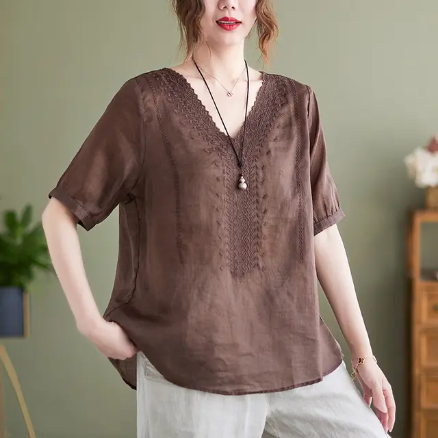 Women's Fashion Artistic Retro Embroidery Short sleeved Cotton And Linen Top Coffee - Shop at LoveMi