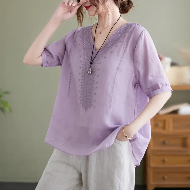 Women's Fashion Artistic Retro Embroidery Short sleeved Cotton And Linen Top Light Purple - Shop at LoveMi