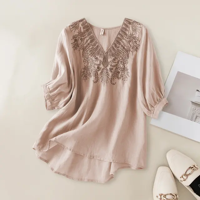 Women's Fashion Loose Ramie Short Sleeve Embroidered Top Apricot - Shop at LoveMi