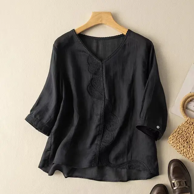 Women's Fashionable Simple Embroidered Ramie Shirt Top Black - Shop at LoveMi
