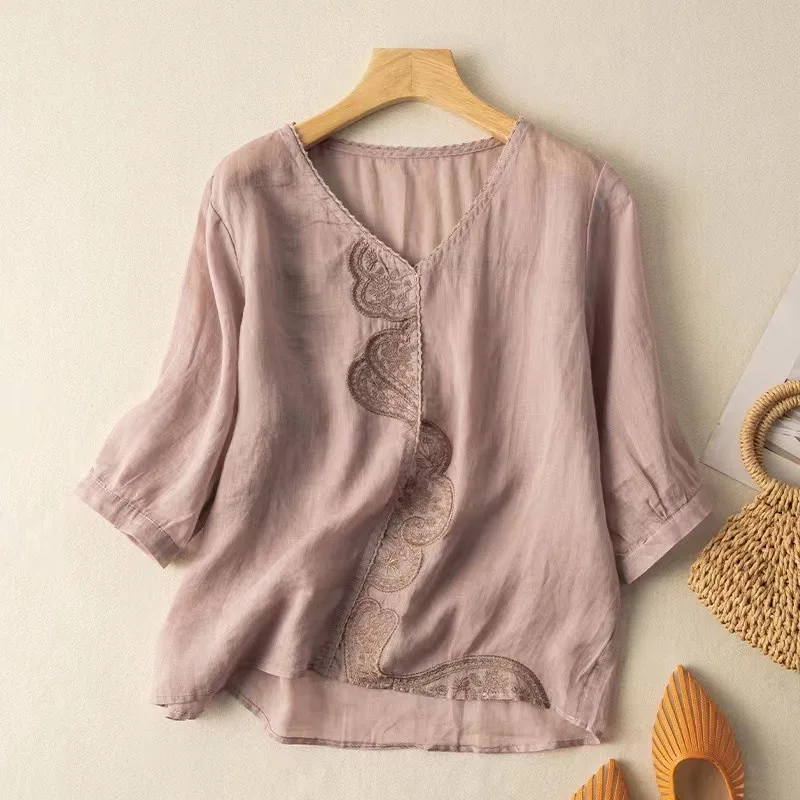 Women's Fashionable Simple Embroidered Ramie Shirt Top Red - Shop at LoveMi