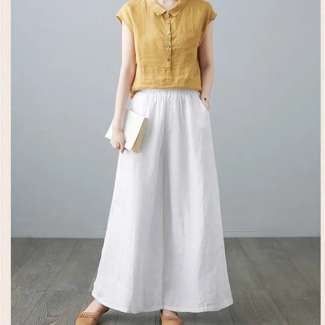 Women's Casual Cotton And Linen Loose High Waist Straight Wide Leg Pants White - Shop at LoveMi