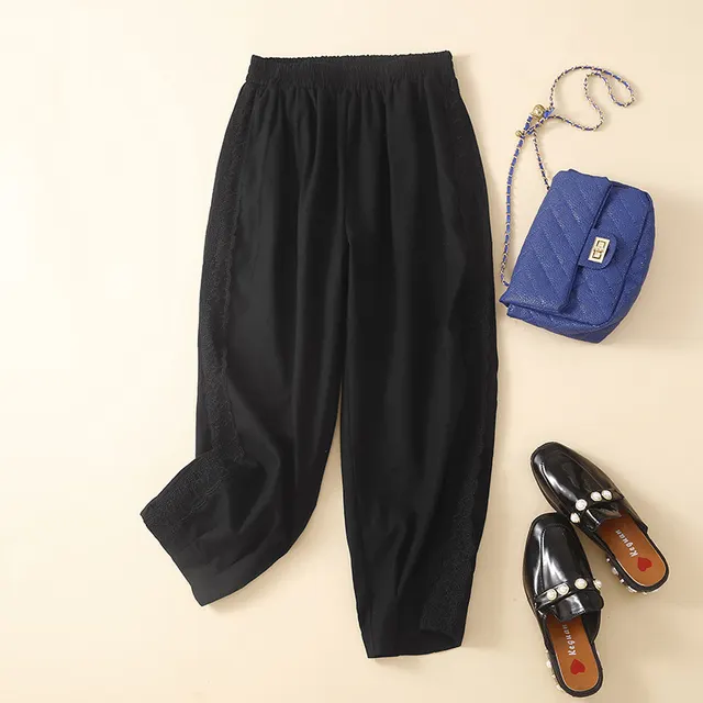 Women's Fashion Loose Artistic Retro Cotton And Linen Ankle Banded Pants Black - Shop at LoveMi