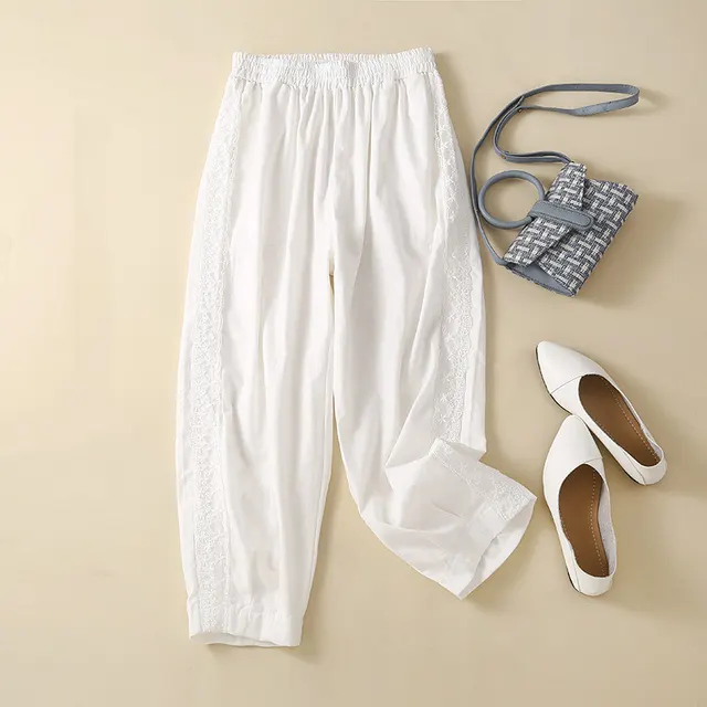 Women's Fashion Loose Artistic Retro Cotton And Linen Ankle Banded Pants White - Shop at LoveMi