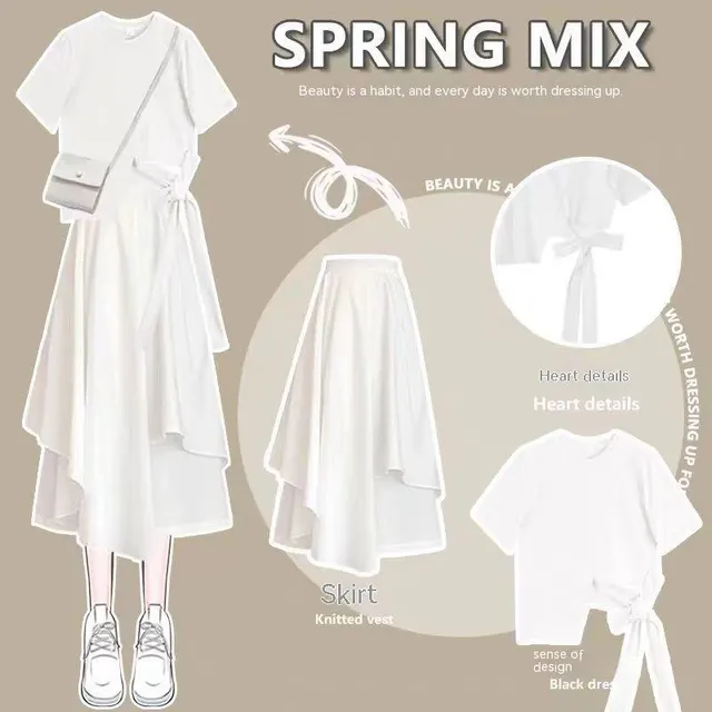 Korean Style Loose Short Sleeve T shirt Skirt Suit White Top White Dress Suit - Shop at LoveMi