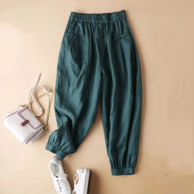 Women's Fashionable Casual Cotton And Linen Loose Pants Dark Green - Shop at LoveMi