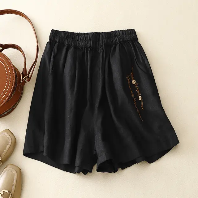 Women's Fashion Vintage Embroidery Cotton Linen Shorts Black - Shop at LoveMi