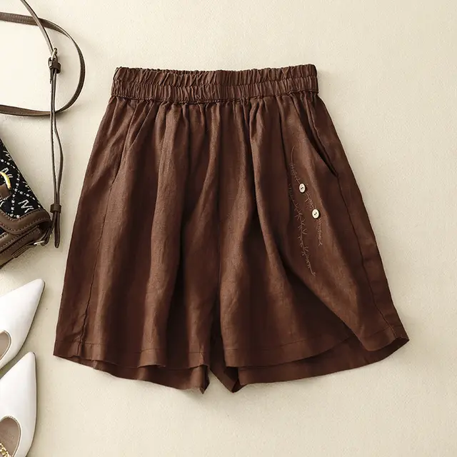 Women's Fashion Vintage Embroidery Cotton Linen Shorts Brown - Shop at LoveMi