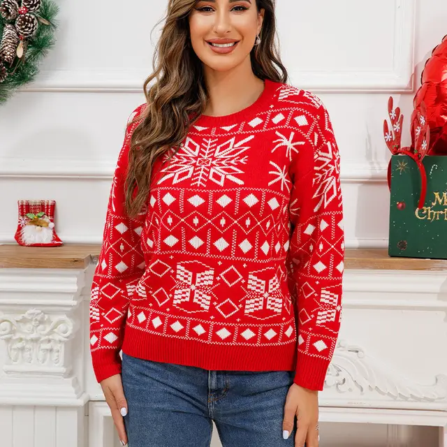 Women's Snowflake Christmas Crew Neck Pullover Sweater Red - Shop at LoveMi