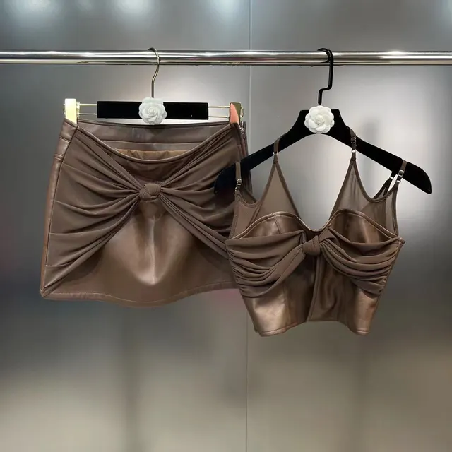 Halter Spun Yarn Sling With Mid length Dress Set Brown - Shop at LoveMi