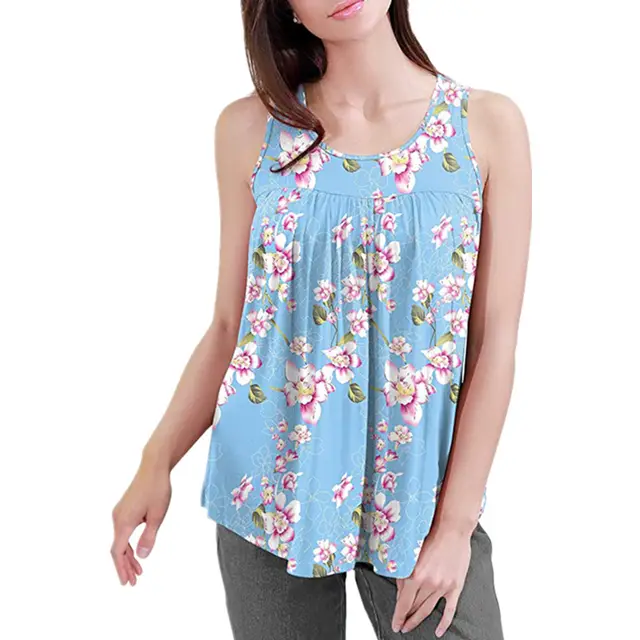 Women's Printed Round Neck Pleated Sleeveless Vest Top Light Blue - Shop at LoveMi