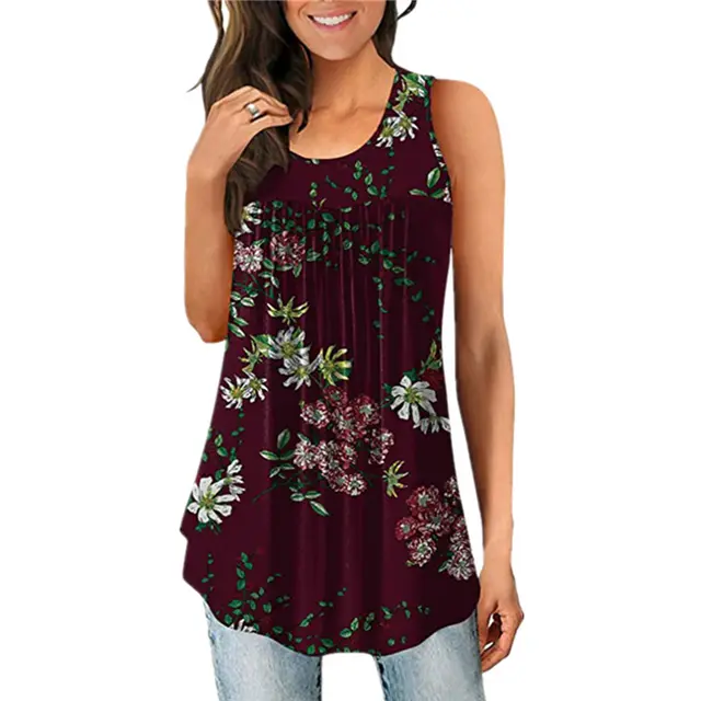 Women's Printed Round Neck Pleated Sleeveless Vest Top Wine Red - Shop at LoveMi