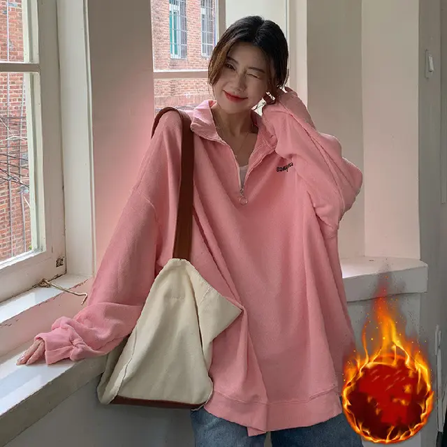 Loose Mid length Velvet Stand Collar Sweater For Women Pink - Shop at LoveMi