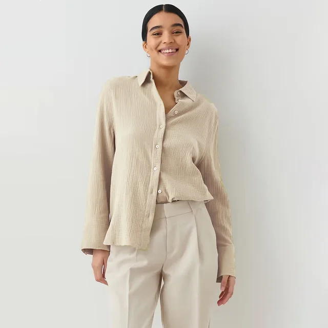 Loose Casual Cotton Long Sleeve Mid length Shirt Apricot - Shop at LoveMi